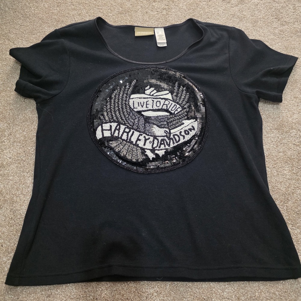 Harley Davidson Women Live To Ride Eagle Sequined Rhinestone Motorcycle Shirt L